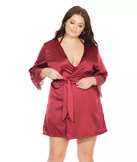 Stretch Satin Robe W/eyelash Lace Sleeve Merlot Os/xl