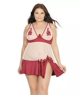 Sheer Nylon & Stretch Satin Babydoll W/underwire Cups & G-string Merlot/nude 3x/4x
