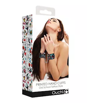 Shots Ouch Old School Tattoo Style Printed Hand Cuffs- Black