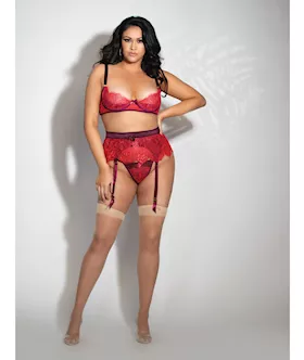 Eyelash Lace Underwire Bra, Garter Skirt & G-string Red 1x/2x