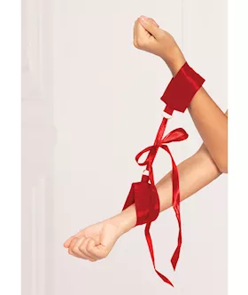 Satin Elastic Cuffs D-ring & Satin Ribbon Tie Red O/s