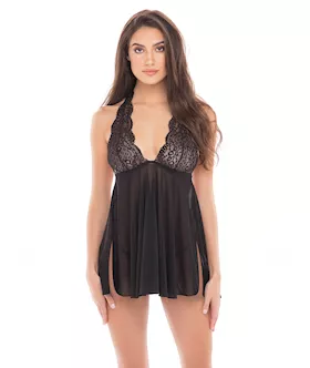 Rene Rofe Dolled Up Halter Chemise & G-string Black M/l