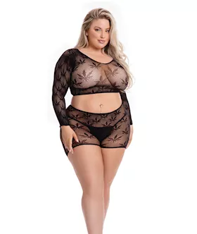 Pink Lipstick Leaf It To Me Long Sleeve Crop Top & Short Black Qn