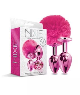 Nixie Metal Butt Plug Set W/jewel Inlaid & Pom Pom - Pink Metallic