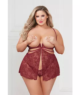 Super Sexy Stretch Lace Babydoll W/g-string Wine Qn