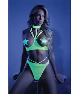 Glow Black Light Harness Open Shelf Bra & Cage Thong (Pasties Not Included) Neon Lemon L/xl