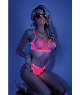 Glow Black Light Open Cup Bra & Crotchless Panties (Pasties Not Included) Neon Pink S/m