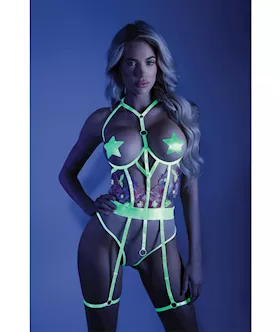 Glow Black Light Embroidered Cupless Garter Teddy (Pasties Not Included) Neon Chartreuse L/xl