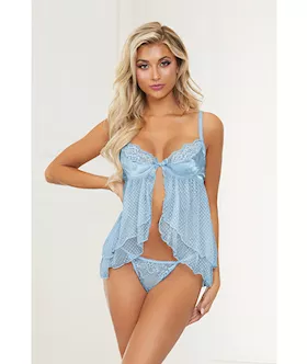 Satin Jacquard Dot Mesh Scallop Lace Babydoll & G-string Blue Md