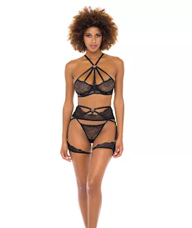Ivonne Underwire Bra, Garterbelt & Panty Black Lg