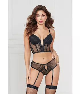 Stretch Lace Cropped Bustier & Cheeky Panty Black Xl