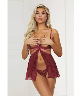Super Sexy Stretch Lace Babydoll W/g-string Wine O/s