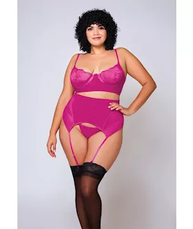 Soft Lace Bra, High Waist Satin & Mesh Garterbelt & G-string Fuchsia 1x