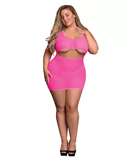 Sheer Mesh Underboob Dress & Crotchless G-string Pink  Qn