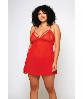 Galloon Lace & Fine Mesh Babydoll & G-string Red 1x