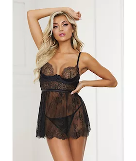 Lace & Satin Babydoll & Panty Black Md