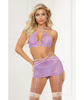 Galloon Lace Bra, Garter Skirt & G-string Lavender O/s