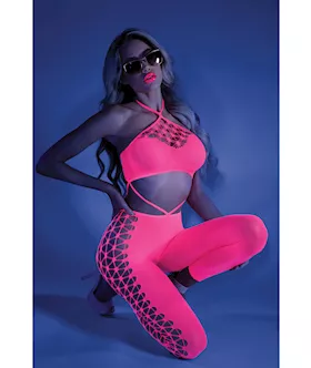 Glow Black Light Cropped Cutout Halter Bodystocking Neon Pink O/s