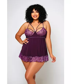 Cross Dye Lace & Microfiber Babydoll & G-string Purple 1x