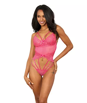 Stretch Lace W/underwire Cups & Strap Thong Detail Teddy Hot Pink Xxl