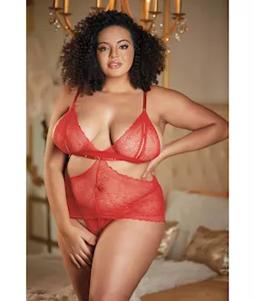 Allure Lace Peek A Boo Chemise & Ouverte G-string Red Qn