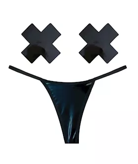 Neva Nude Naughty Knix Dom Squad Wet Vinyl G-string & Pasties - Black O/s