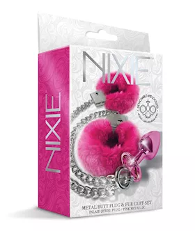Nixie Metal Butt Plug W/inlaid Jewel & Fur Cuff Set - Pink Metallic