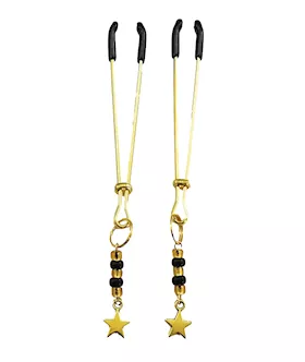 Bijoux De Nip Tweezer Nipple Clamp W/black & Gold Beads W/star - Gold