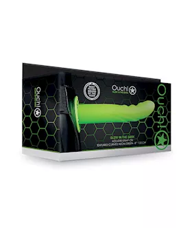 Shots Ouch 8" Textured Curved Hollow Strap On - Glow In The Dark