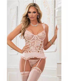 Lace Up Garter Corset W/thong & Stockings Champagne Pink O/s