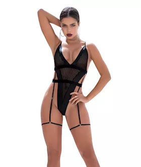 Shadow Panel Bodysuit W/hook & Eye Crotch Closure & Attached Garters Black S/m