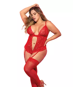 Lace & Mesh Teddy W/hook & Eye Crotch Closure W/attached Garter Straps Red 2x/3x