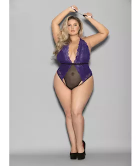 Euphoria Halter Lace & Mesh Teddy W/wrist Restraints Purple/black Qn