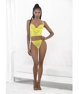 Neon Lace Corset Top W/ring Accent & Panty Neon Lime Md