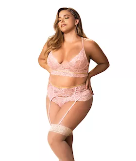 Lace Underwire Bra, Thong & Garterbelt W/lace Up Detail Rose 1x/2x