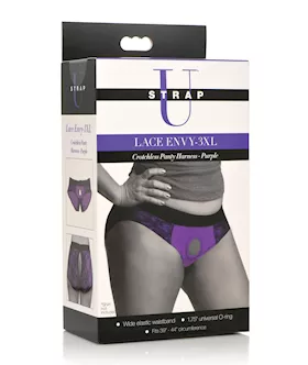 Strap U Lace Envy Crotchless Panty Harness - 3xl Purple