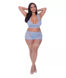 Ooh La Lace Bralette, Garter Skirt & G-string Periwinkle Qn