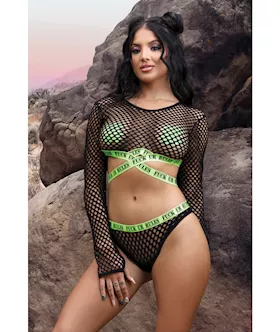 Vibes Fuck Ur Rules Long Sleeve Crop Top, Panty & Pasties Black/green M/l