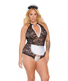 Scallop Stretch Lace Crotchless Maid Teddy W/headpiece Black/white Os/xl