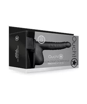 Shots Ouch 8" Ribbed Hollow Strap On W/balls - Black