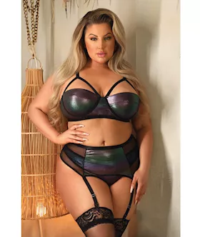 Curve Cassidy Metallic Foil Bra, Garter Belt & Panty Black 3x/4x