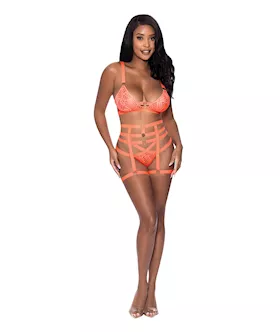 Rude Awakening Bralette, Thigh High Garter & Cheeky Panty Orange L/xl