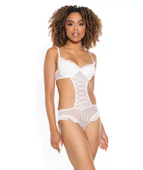 Stretch Mesh Ruffled Crotchless Teddy White Sm