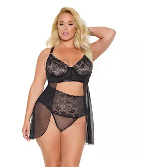 Scallop Stretch Lace & Sheer Mesh Babydoll & High Waist Thong Black 1x/2x