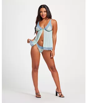 Lace & Mesh Triangle Cup Babydoll & Thong Blue Xl