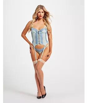 Lace & Mesh Bustier W/lace Up Center, Garter Belt & Thong Blue Md
