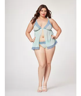 Lace & Mesh Triangle Cup Babydoll & Thong Blue 3x/4x