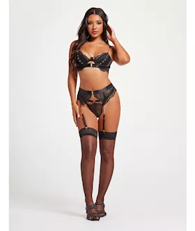 Scalloped Lace Bra W/gold Chain, Garter Belt & Thong Black Lg