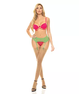 Pink Lipstick Come To Me Bra, Garter Belt & G-string Neon S/m