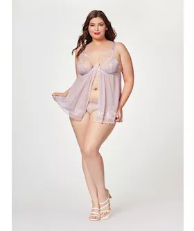 Sheer Mesh & Lace Demi Cup Babydoll & Thong Lavender 1x/2x